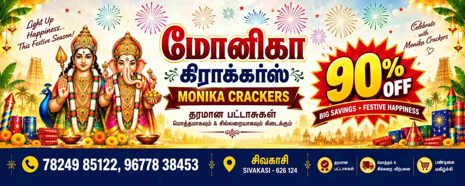 Monika Crackers — UP TO 90% OFFER ON MRP · DIWALI 2026